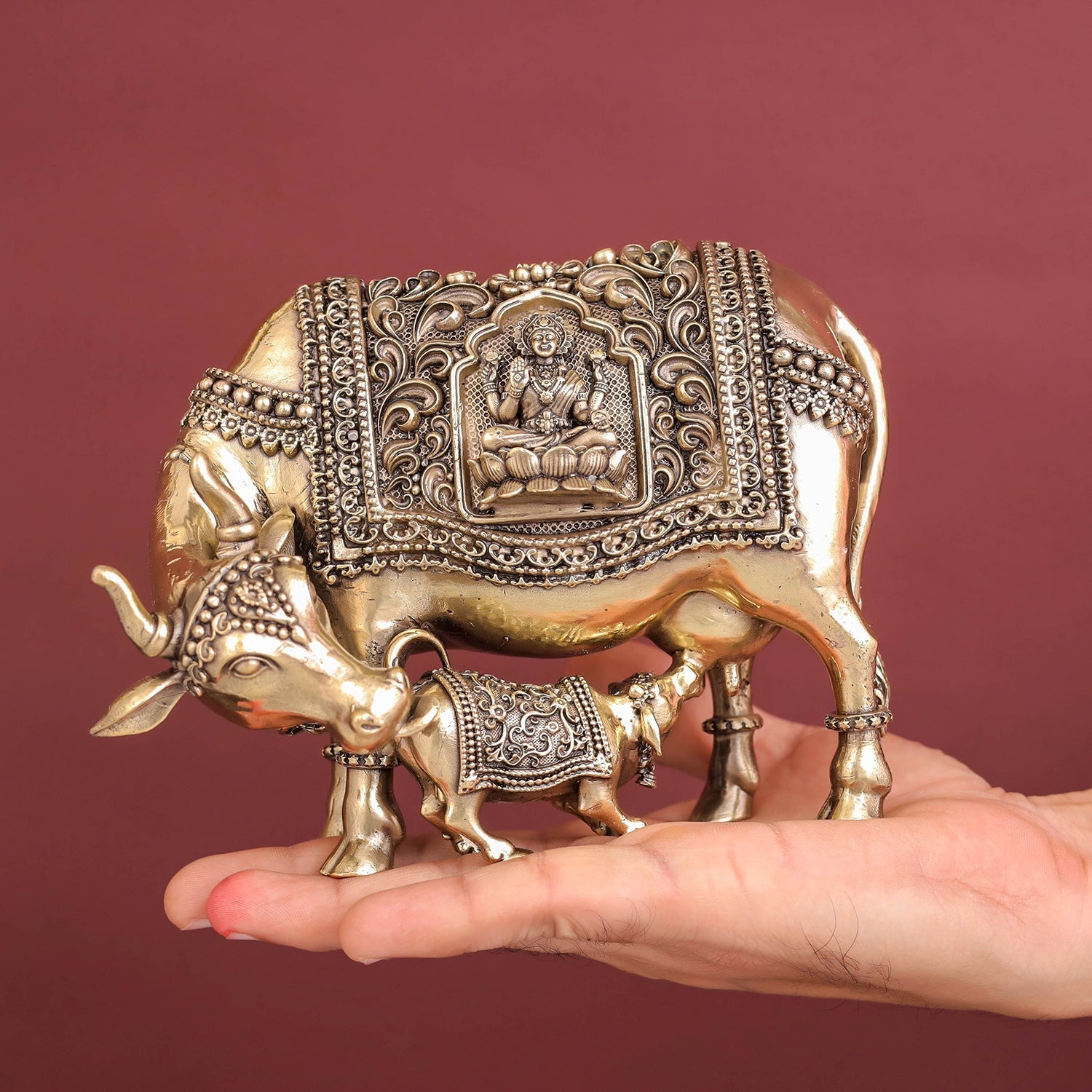 Brass Antique Kamdhenu with Lakshmi Ganesha Statue 6" - Image 5