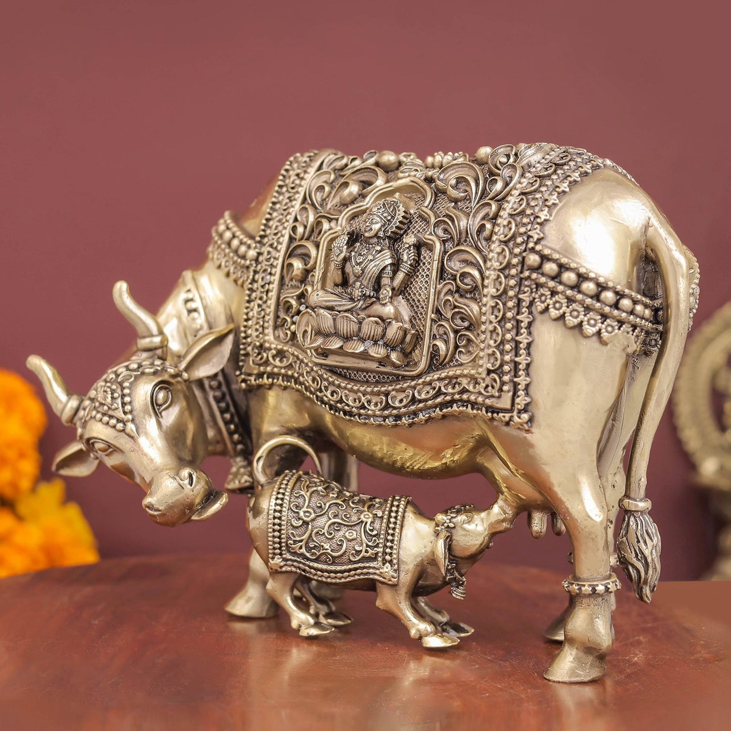 Brass Antique Kamdhenu with Lakshmi Ganesha Statue 6"