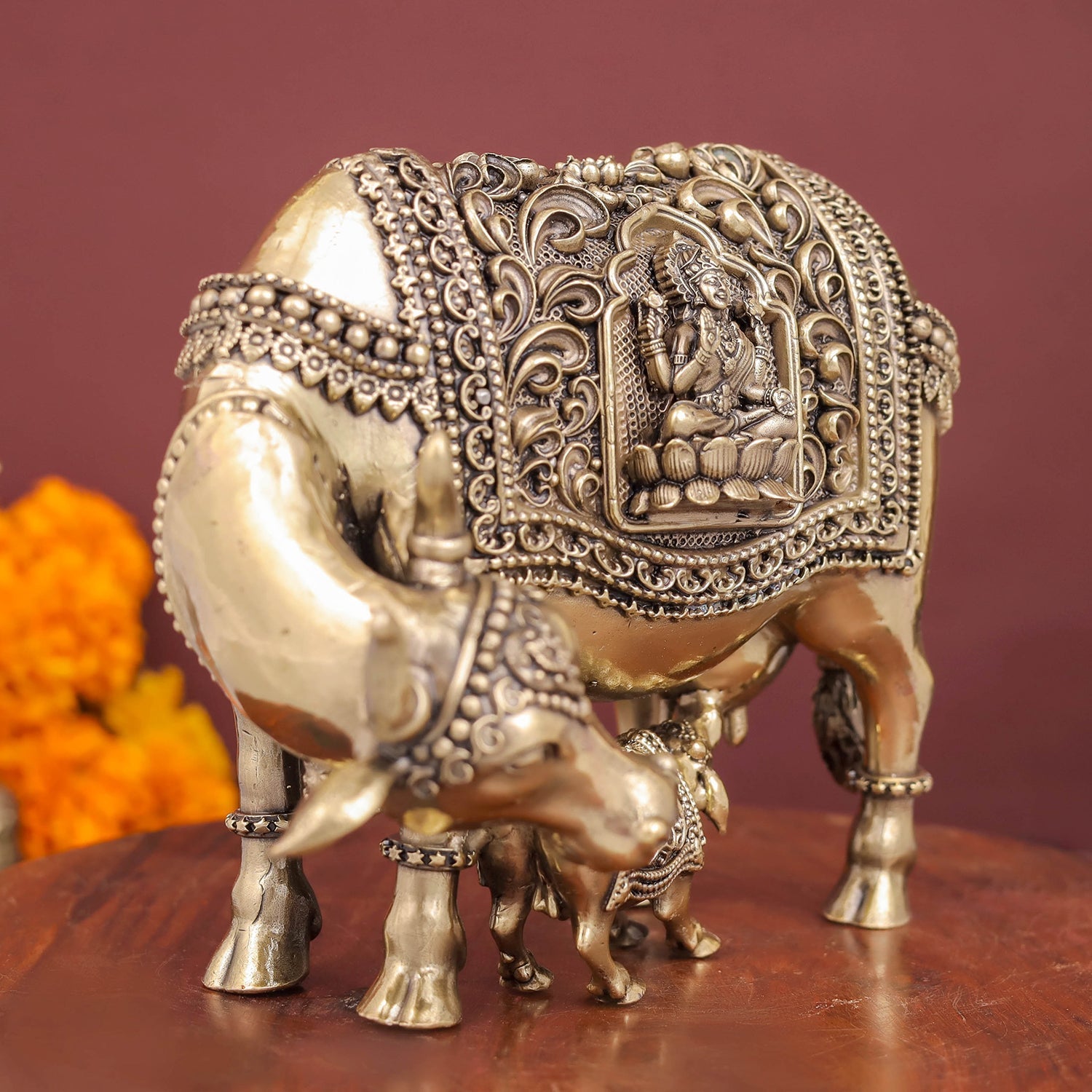 Brass Antique Kamdhenu with Lakshmi Ganesha Statue 6" - Image 3