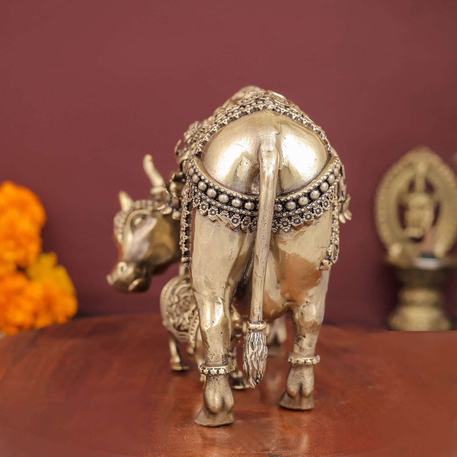 Brass Antique Kamdhenu with Lakshmi Ganesha Statue 6" - Image 4