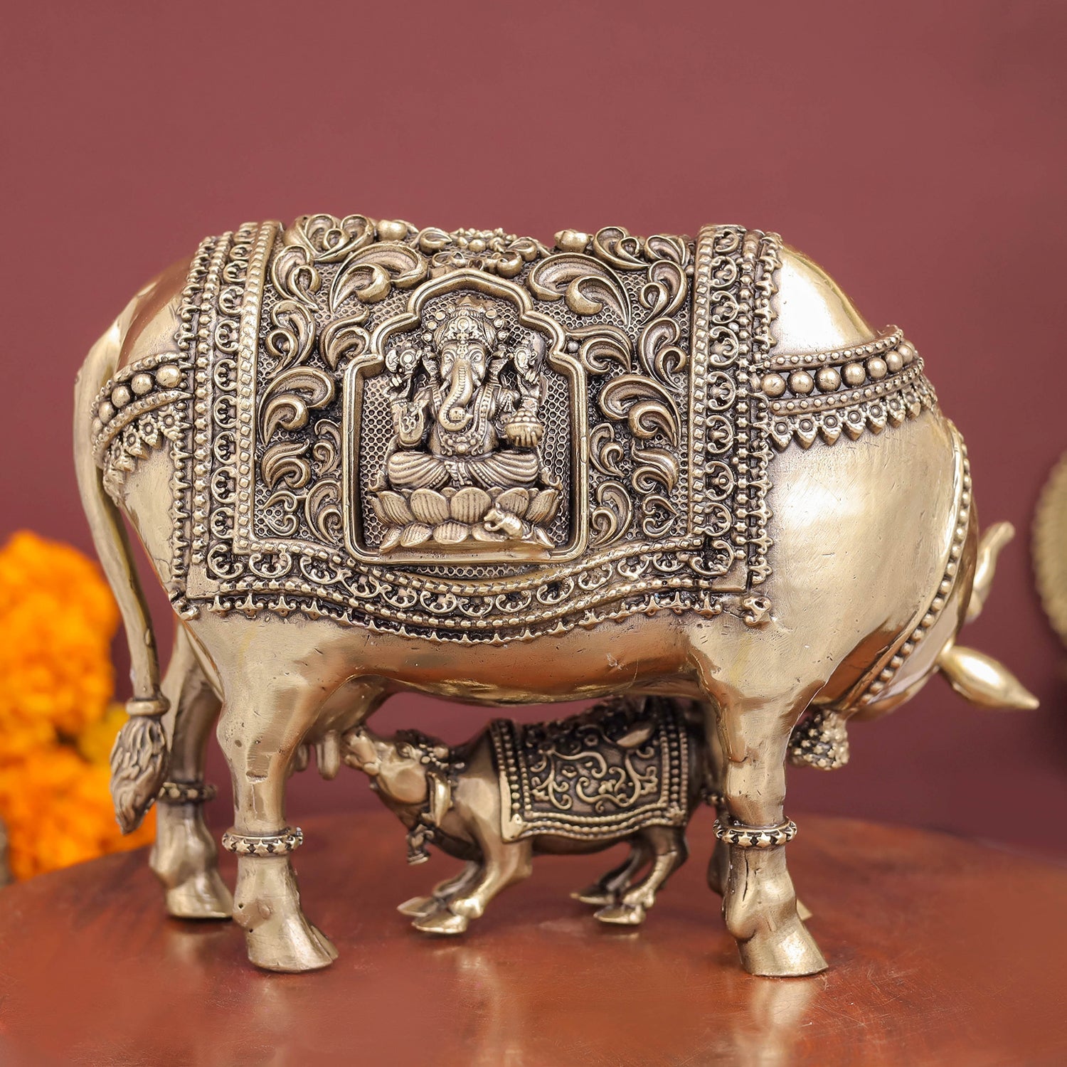 Brass Antique Kamdhenu with Lakshmi Ganesha Statue 6" - Image 2