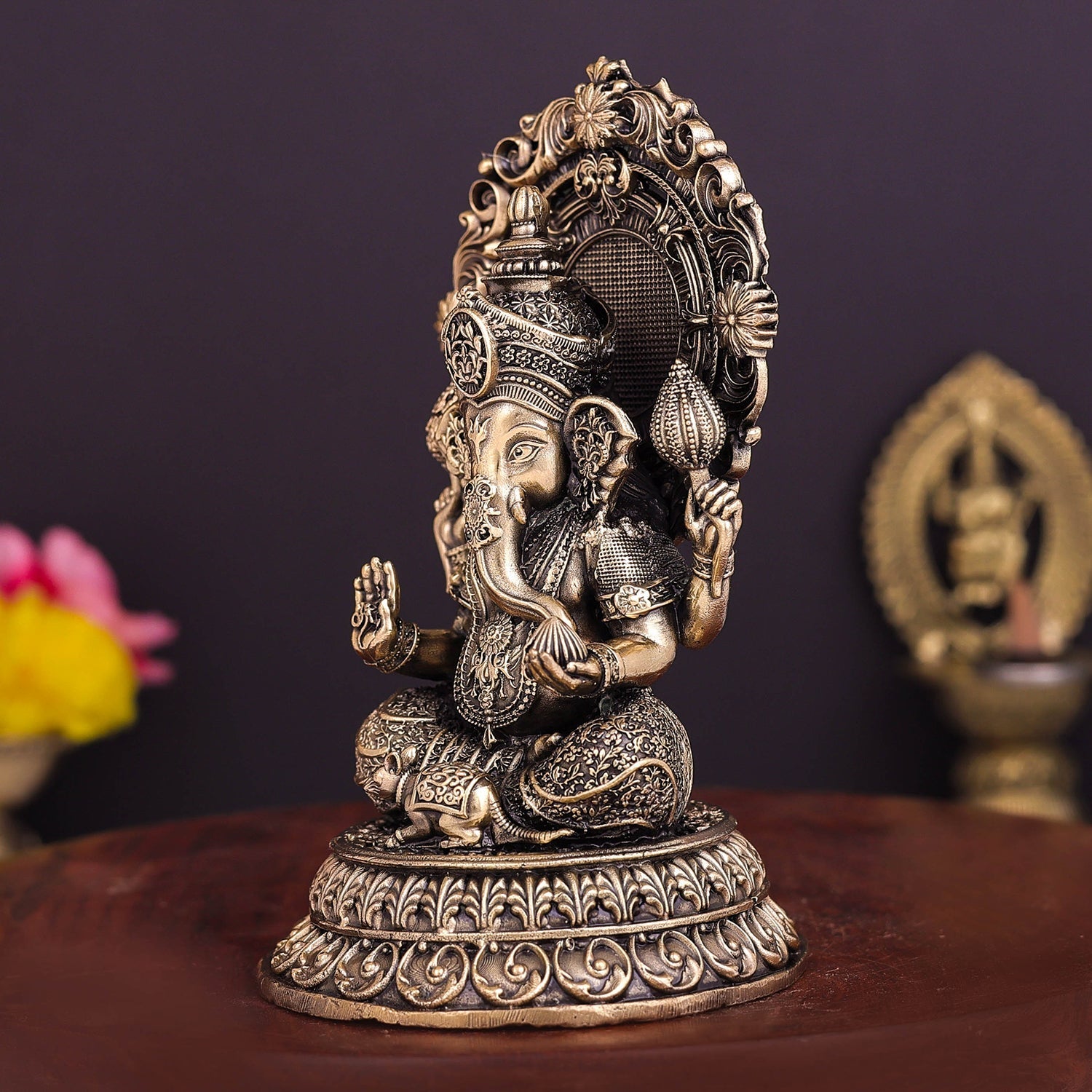 Brass Superfine Ganesha on Throne 5 Inch - Image 4