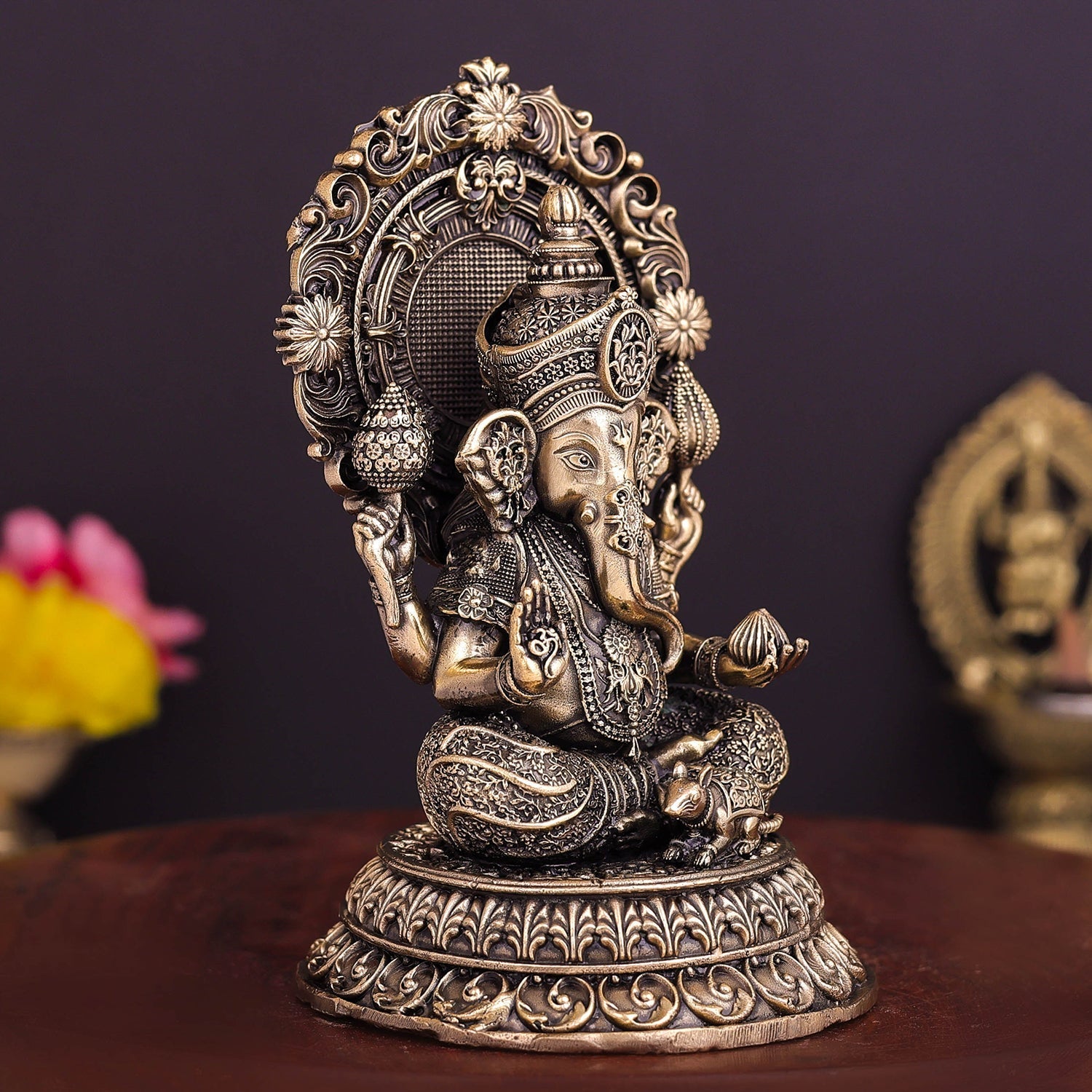 Brass Superfine Ganesha on Throne 5 Inch - Image 5