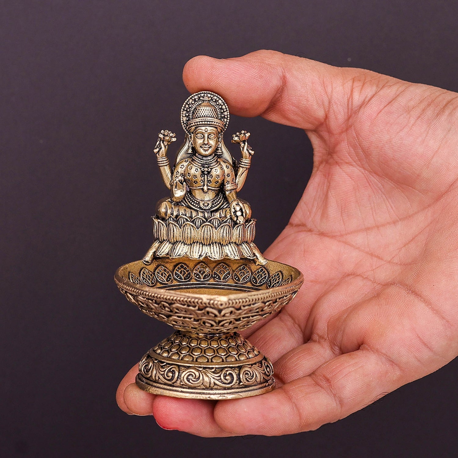 Brass Superfine Goddess Lakshmi Diya Lamp 3.5 Inch - Image 4