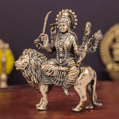 Brass Superfine Goddeess Durga Idol on Lion 3 Inch by vendor-unknown - Hindu Gods (View 4)