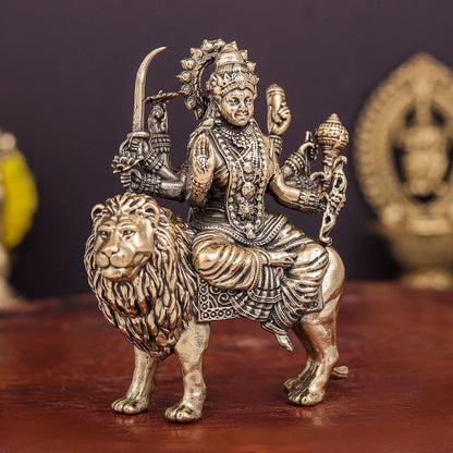 Brass Superfine Goddeess Durga Idol on Lion 3 Inch by vendor-unknown - Hindu Gods (View 5)