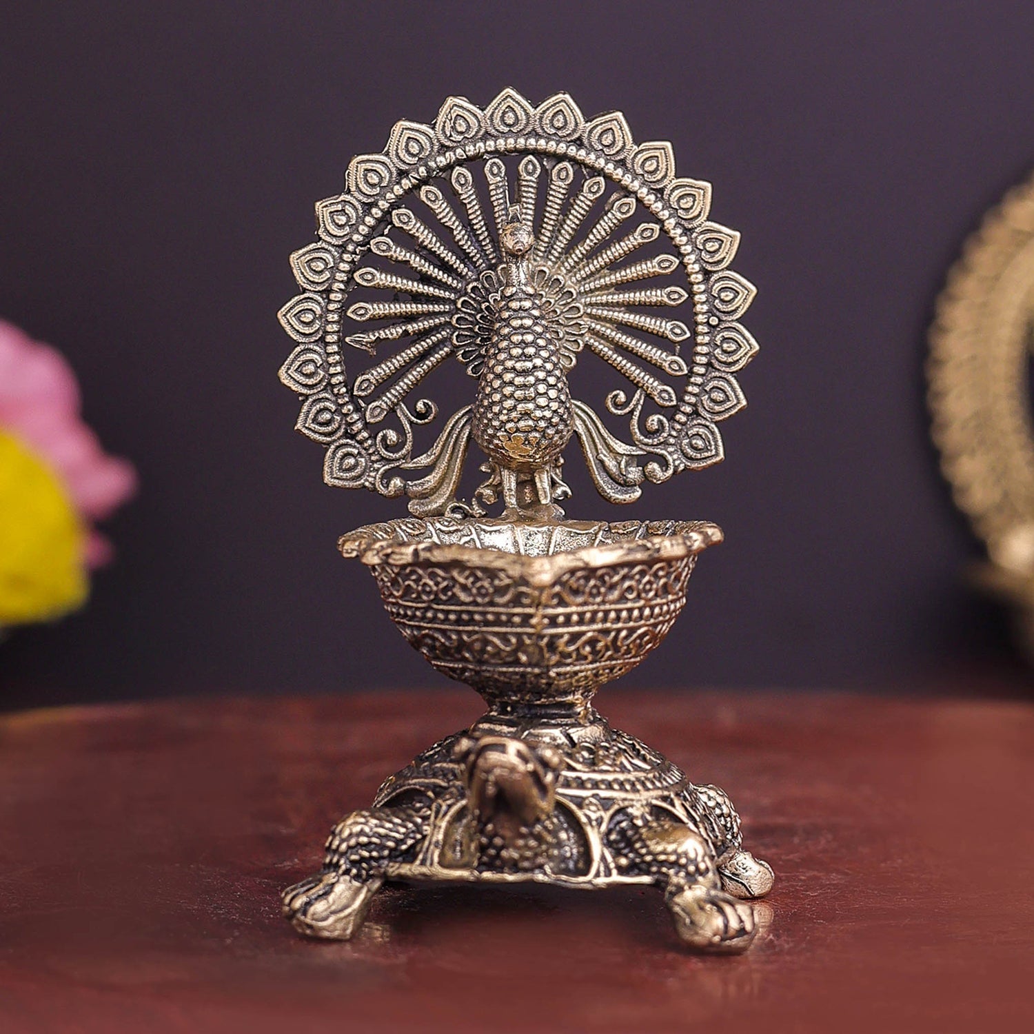 Brass Superfine Designer Peacock Diya Lamp on Tortoise 3.5 Inch - Image 3