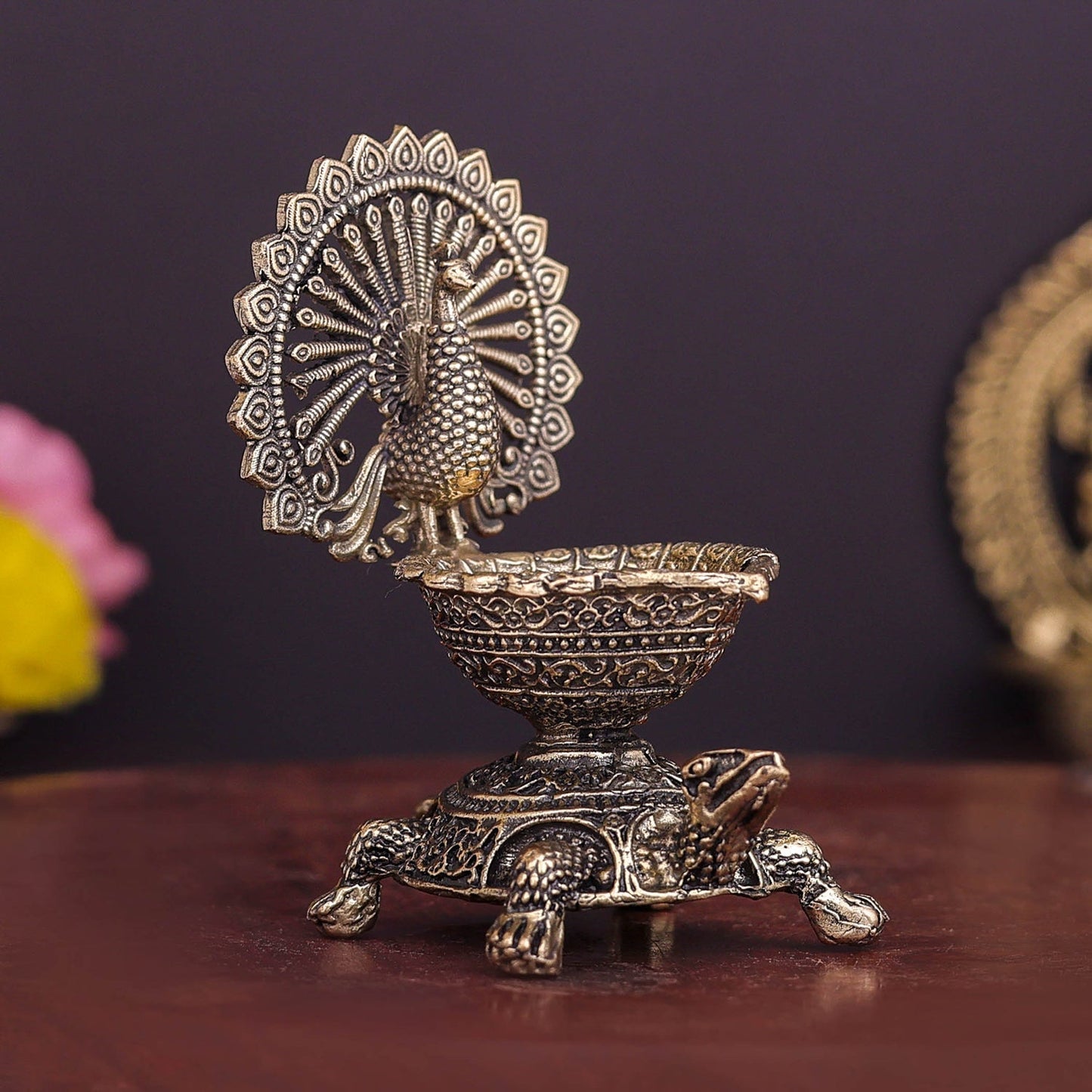 Brass Superfine Designer Peacock Diya Lamp on Tortoise 3.5 Inch