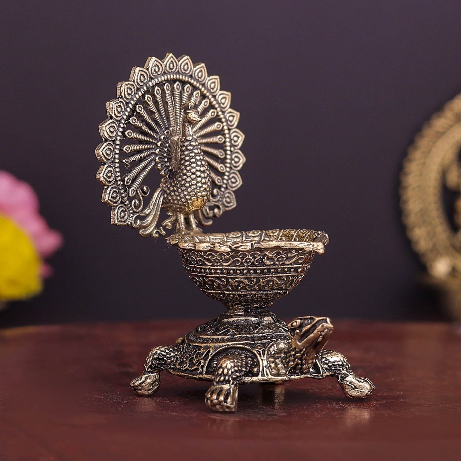 Brass Superfine Designer Peacock Diya Lamp on Tortoise 3.5 Inch - Image 5