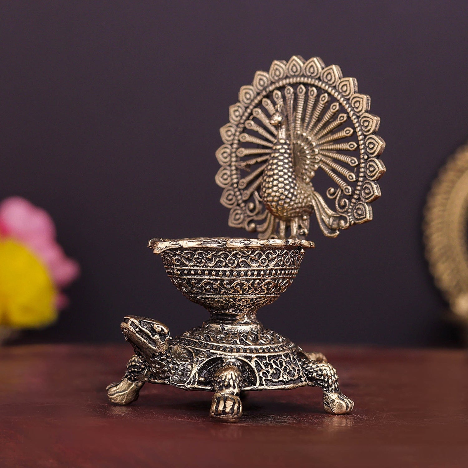 Brass Superfine Designer Peacock Diya Lamp on Tortoise 3.5 Inch - Image 6