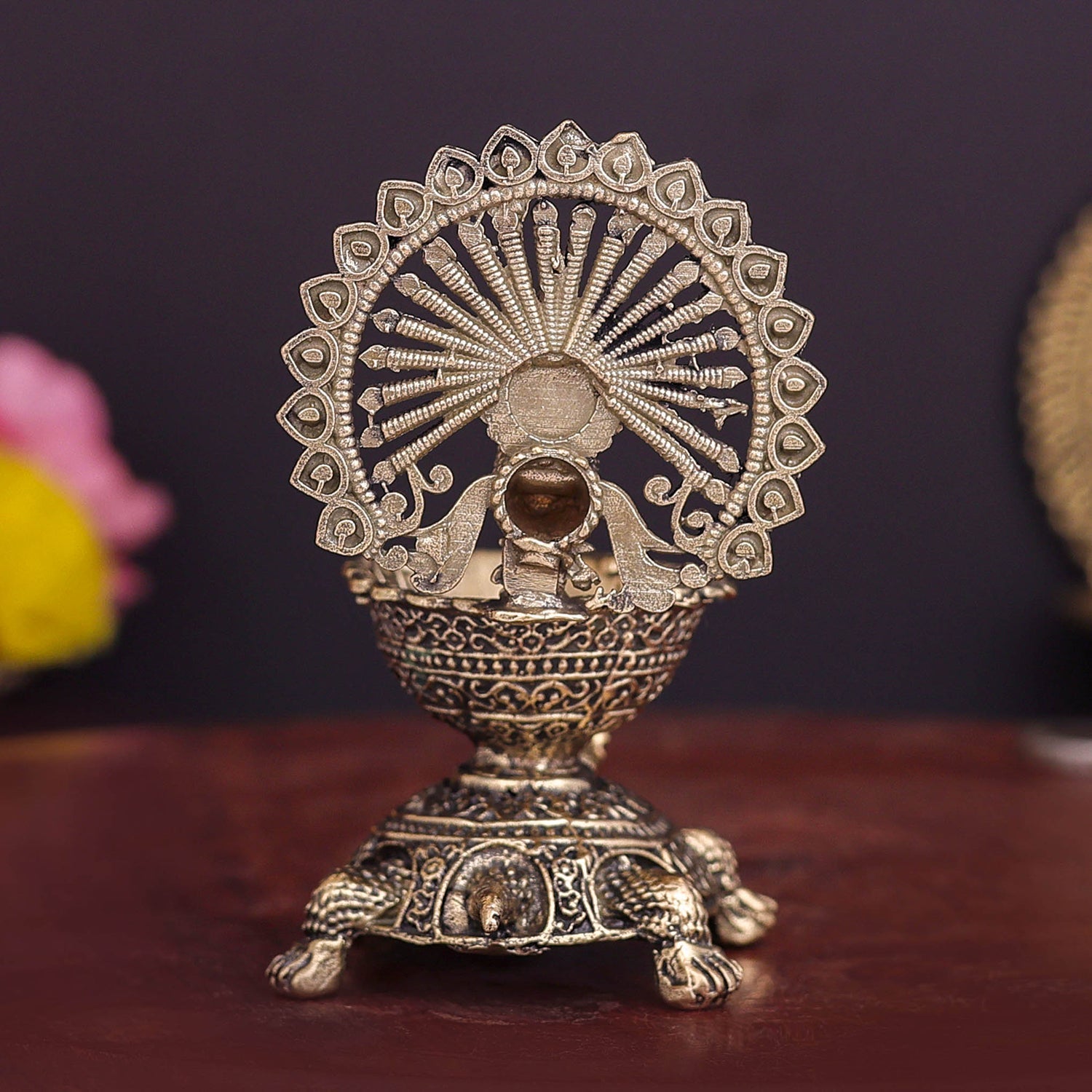 Brass Superfine Designer Peacock Diya Lamp on Tortoise 3.5 Inch - Image 7