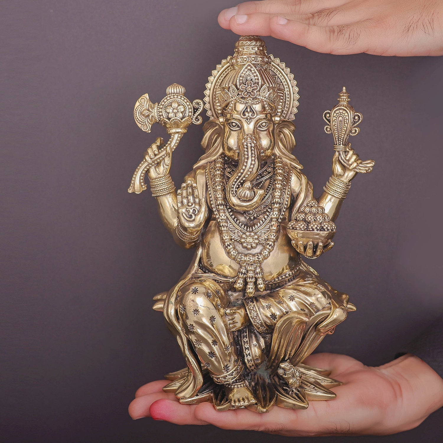 Brass Superfine Lord Ganesha Seated On Lotus 10 Inch - Image 3