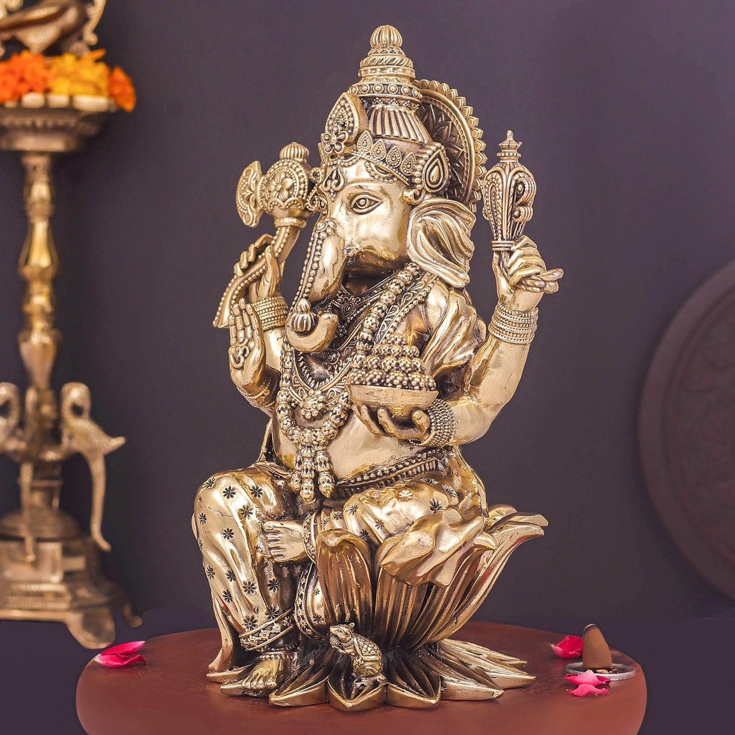 Brass Superfine Lord Ganesha Seated On Lotus 10 Inch - Image 5