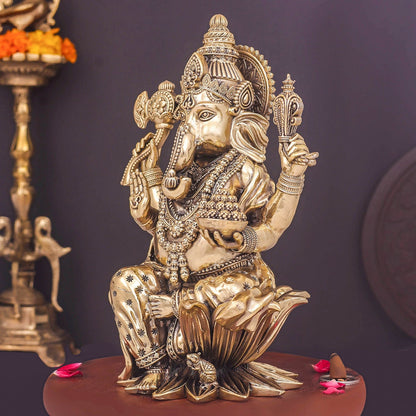 Brass Superfine Lord Ganesha Seated On Lotus 10 Inch by vendor-unknown - Hindu Gods (View 5)