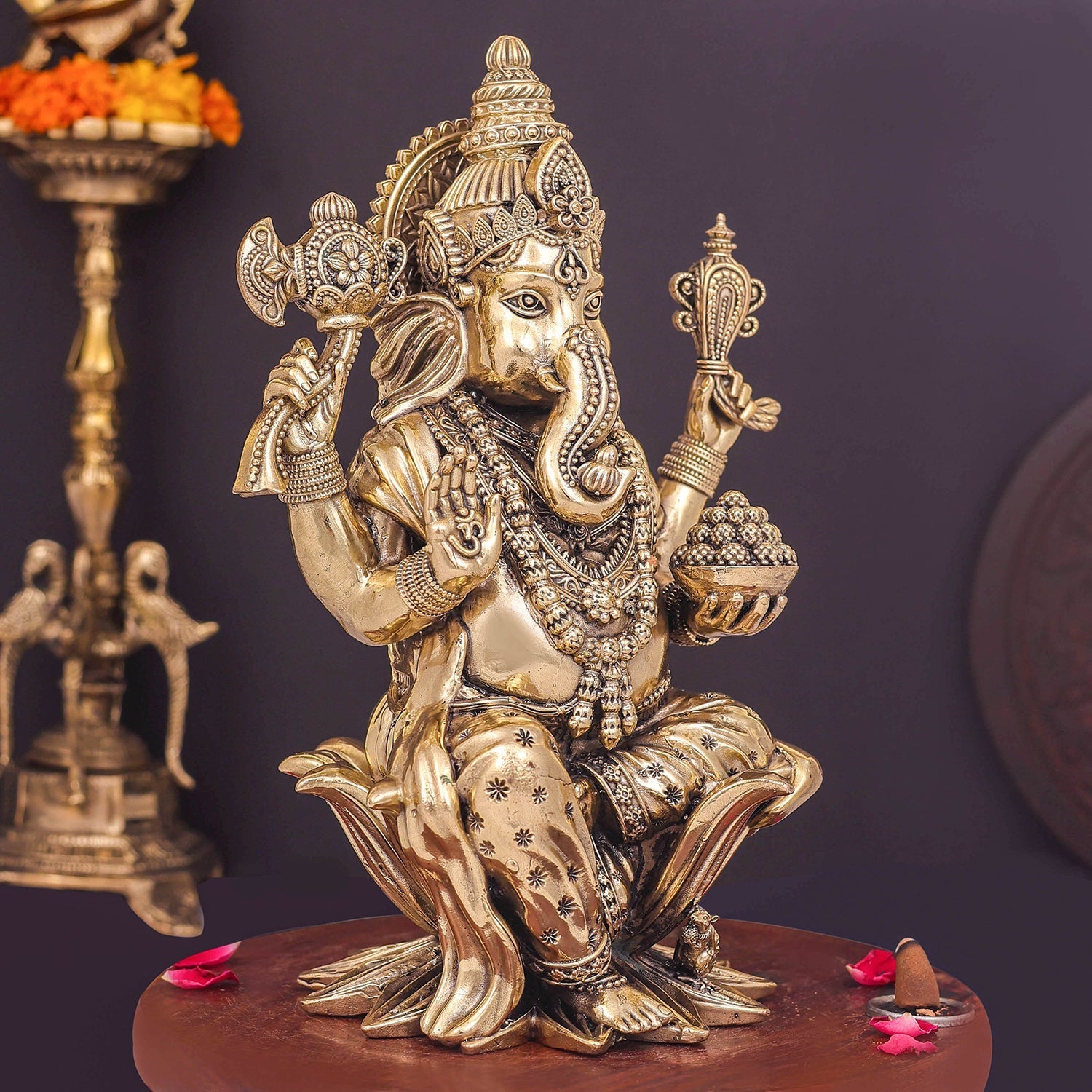 Brass Superfine Lord Ganesha Seated On Lotus 10 Inch - Image 4