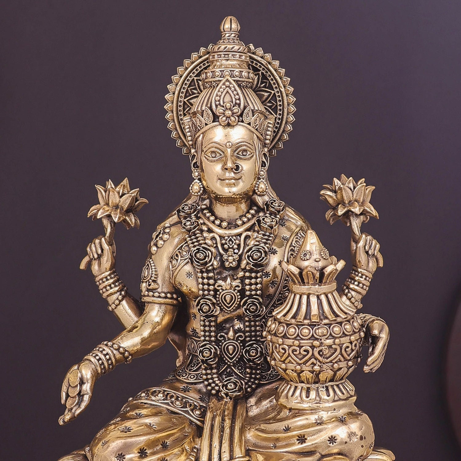 Brass Superfine Goddess Lakshmi Idol Seated on Lotus 10 Inch - Image 2