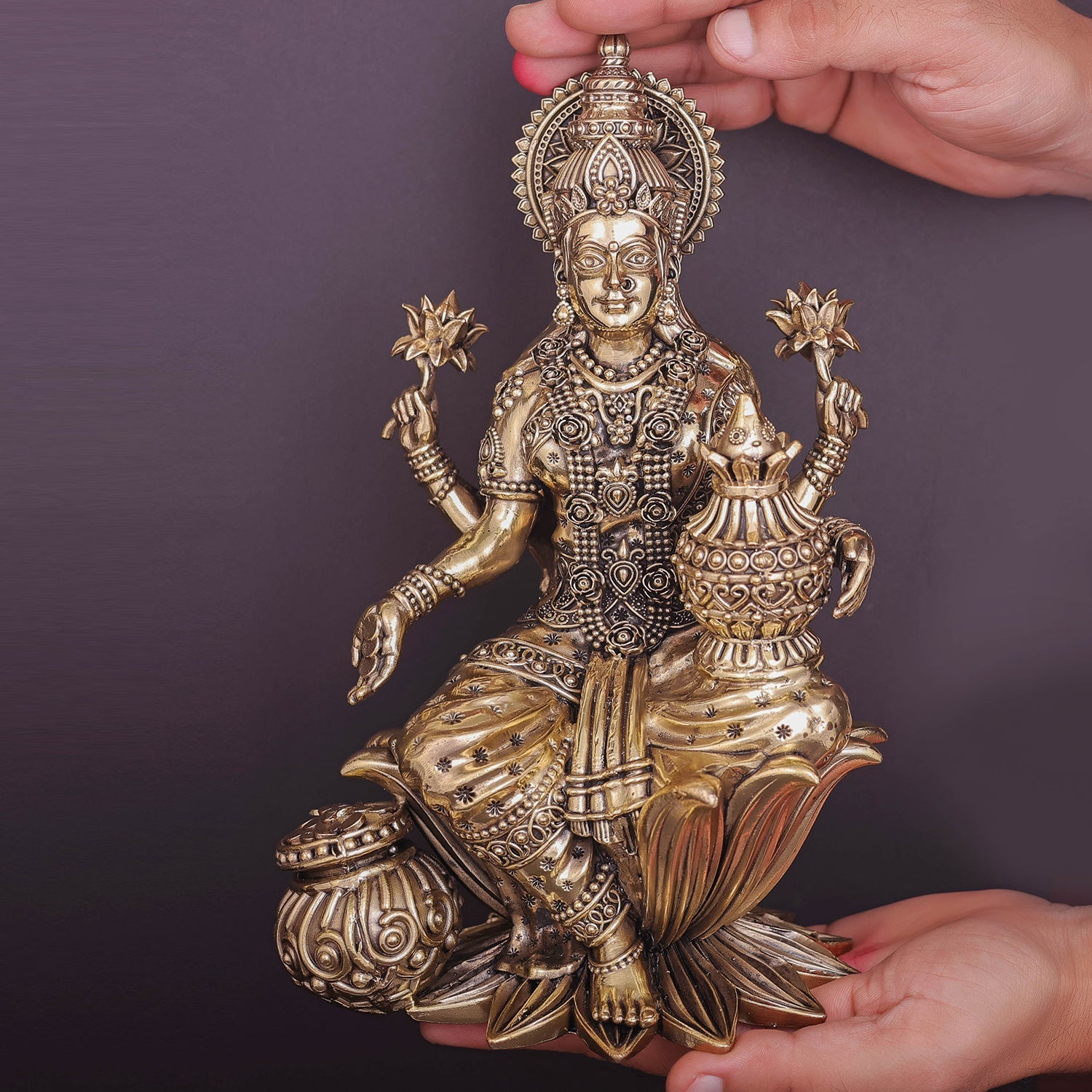 Brass Superfine Goddess Lakshmi Idol Seated on Lotus 10 Inch - Image 3