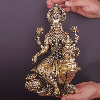 Brass Superfine Goddess Lakshmi Idol Seated on Lotus 10 Inch by vendor-unknown - Hindu Gods (View 3)