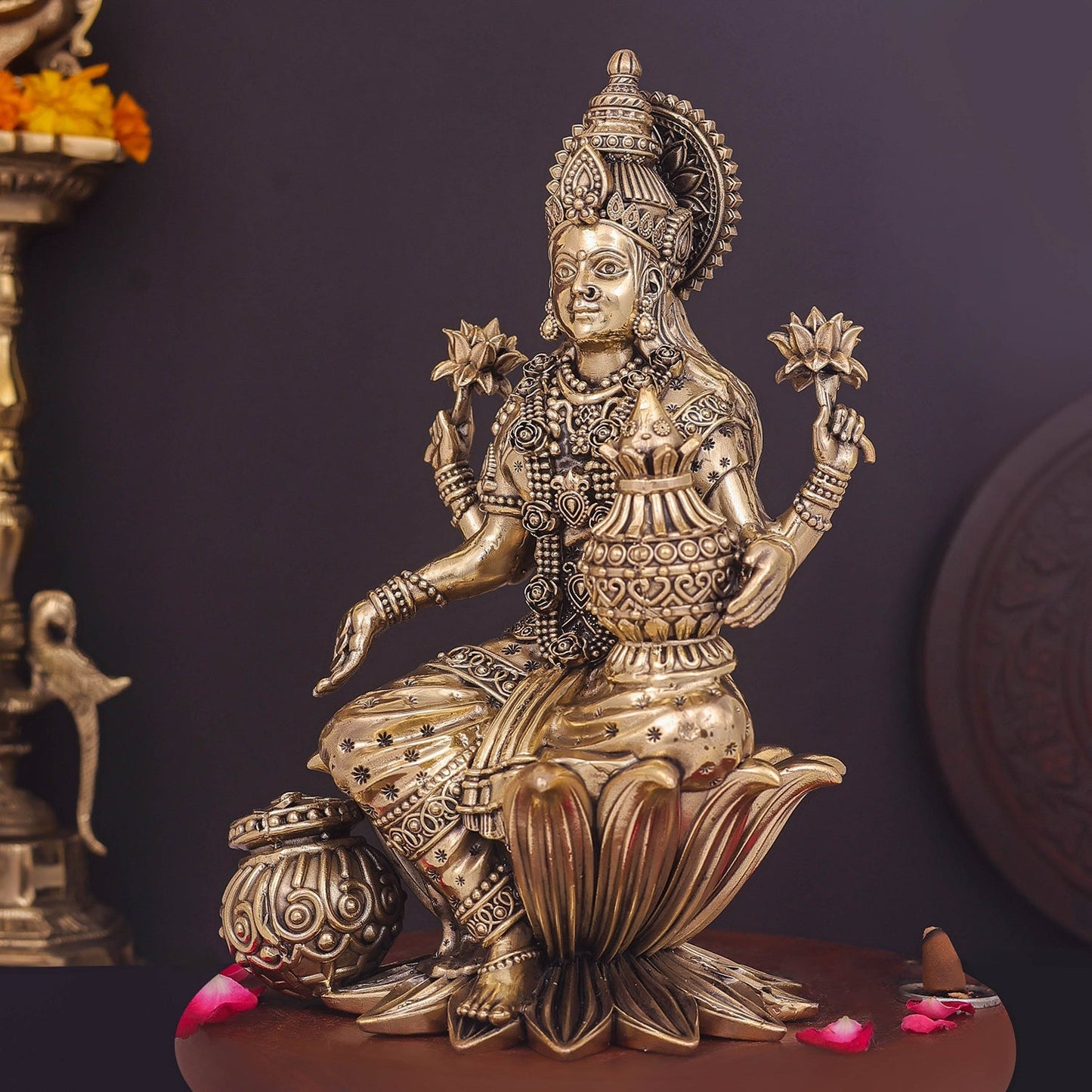 Brass Superfine Goddess Lakshmi Idol Seated on Lotus 10 Inch