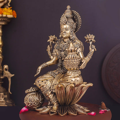 Brass Superfine Goddess Lakshmi Idol Seated on Lotus 10 Inch by vendor-unknown - Hindu Gods (View 4)