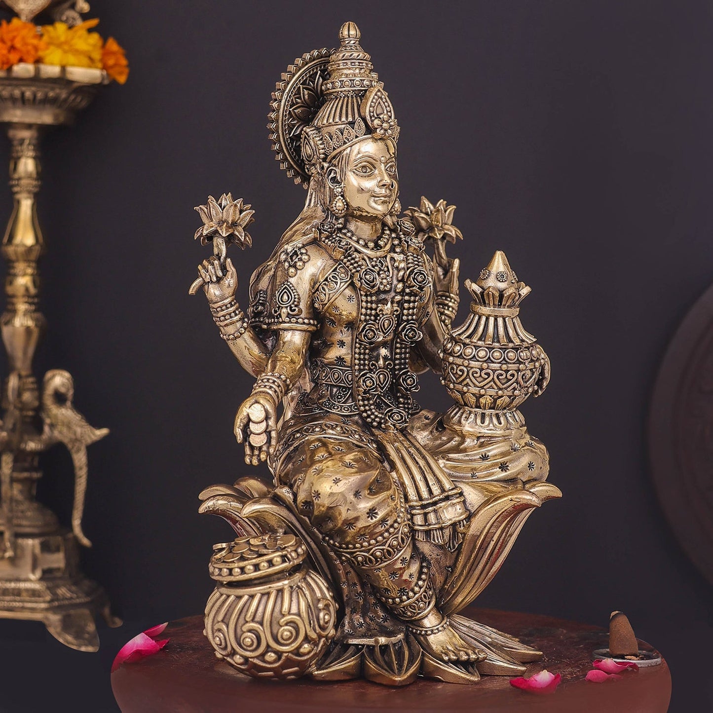 Brass Superfine Goddess Lakshmi Idol Seated on Lotus 10 Inch