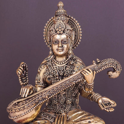 Brass Superfine Goddess Saraswati Idol Seated on Lotus 10 Inch by vendor-unknown - Hindu Gods (View 2)
