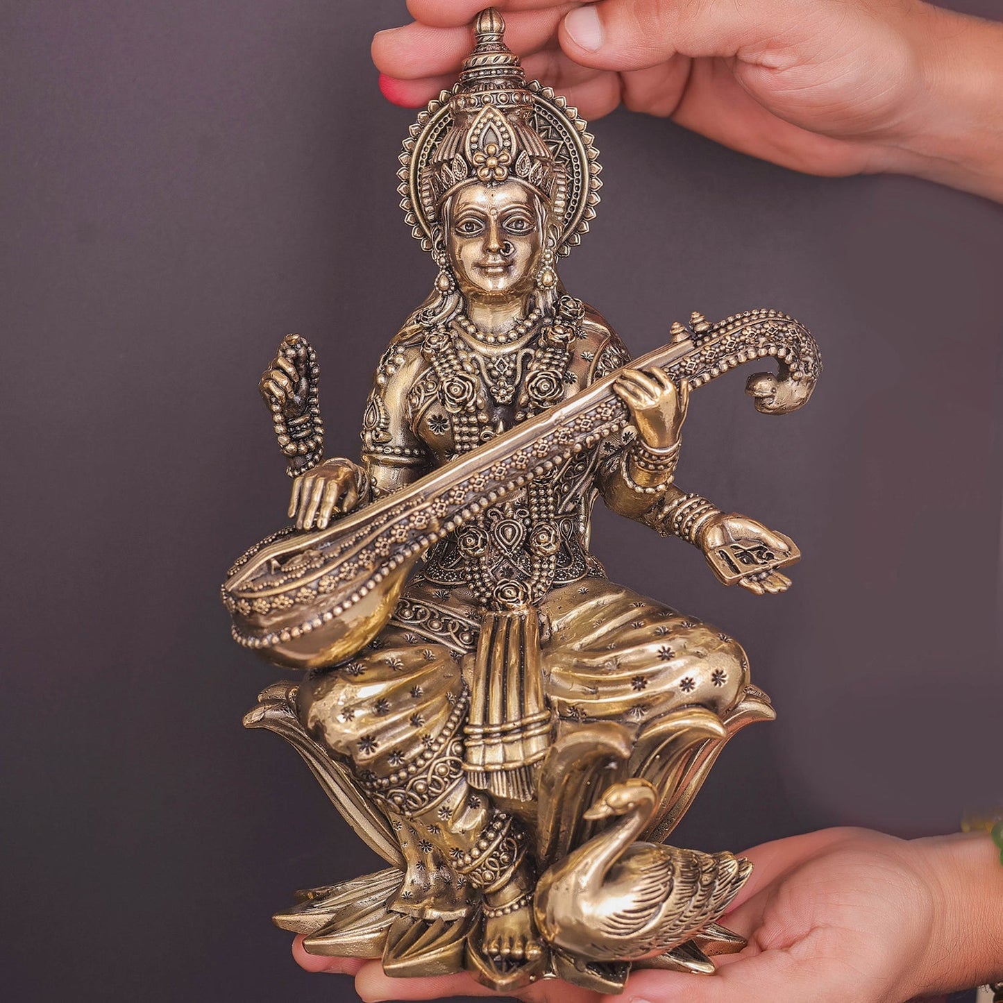 Brass Superfine Goddess Saraswati Idol Seated on Lotus 10 Inch