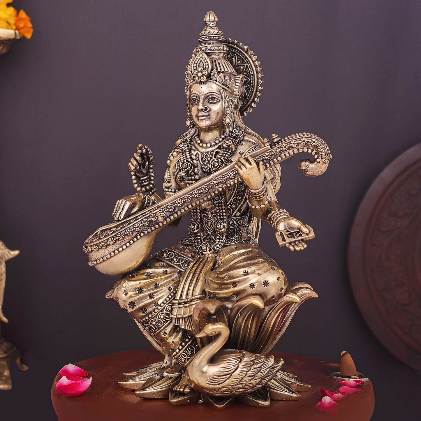 Brass Superfine Goddess Saraswati Idol Seated on Lotus 10 Inch