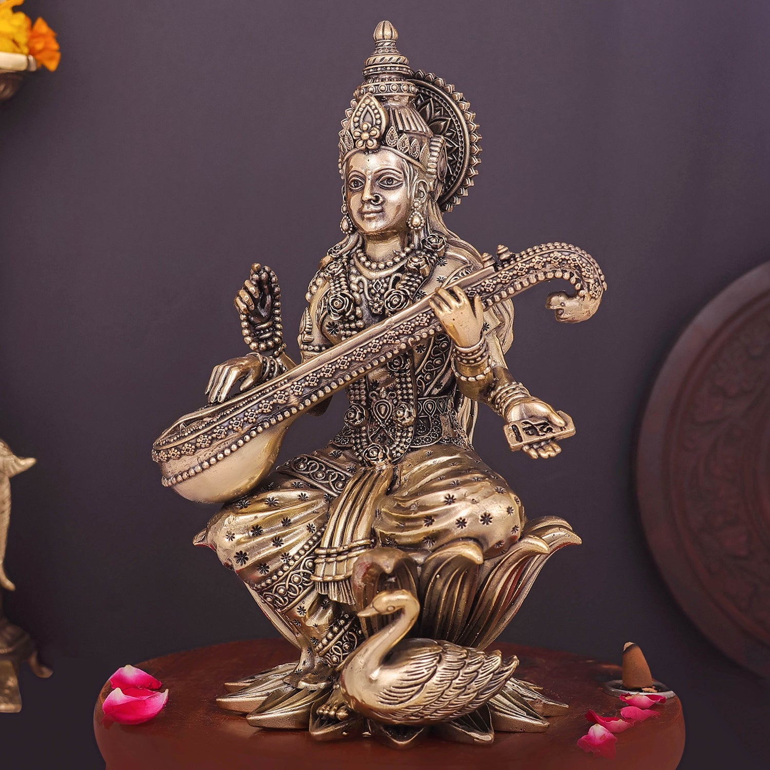 Brass Superfine Goddess Saraswati Idol Seated on Lotus 10 Inch - Image 5