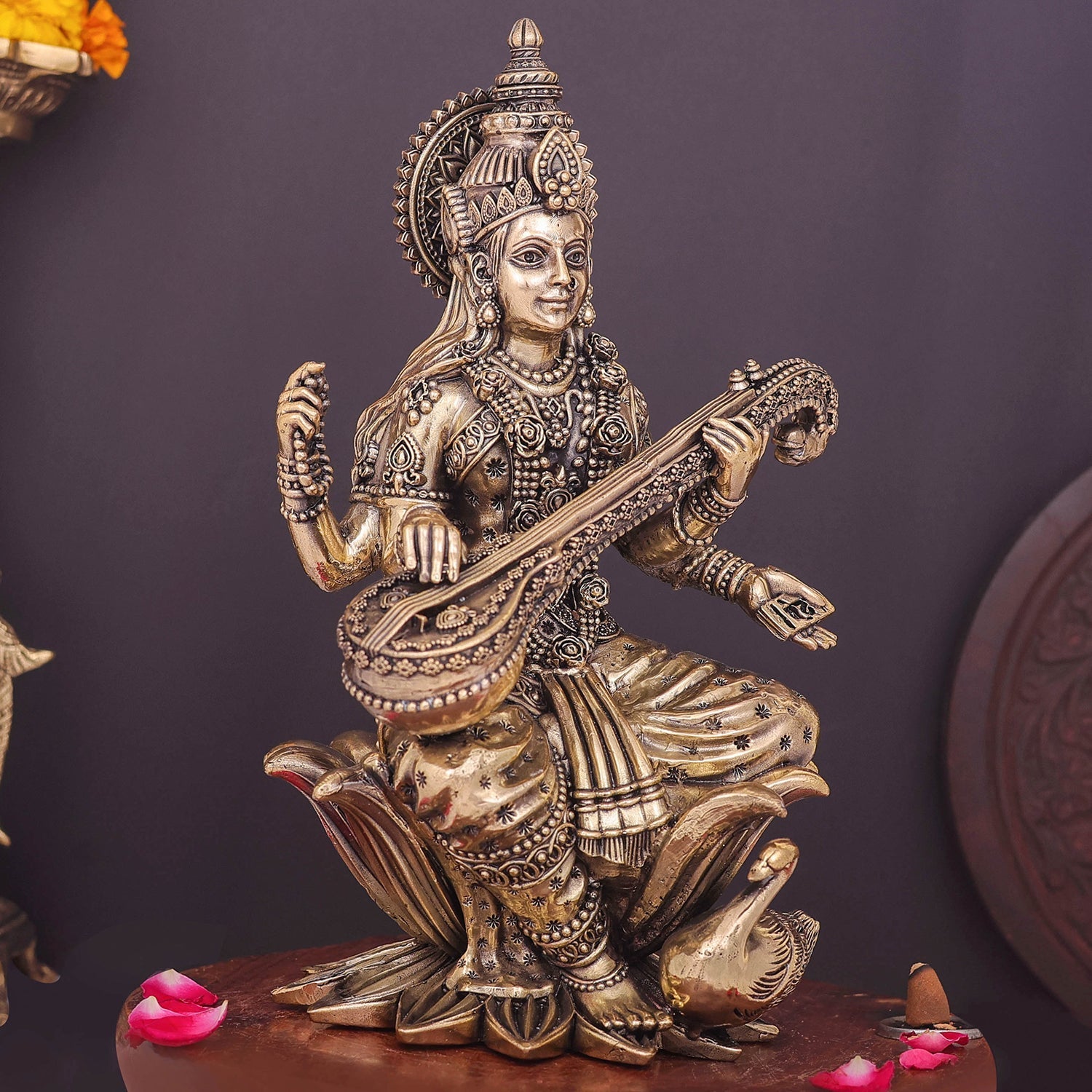 Brass Superfine Goddess Saraswati Idol Seated on Lotus 10 Inch - Image 4