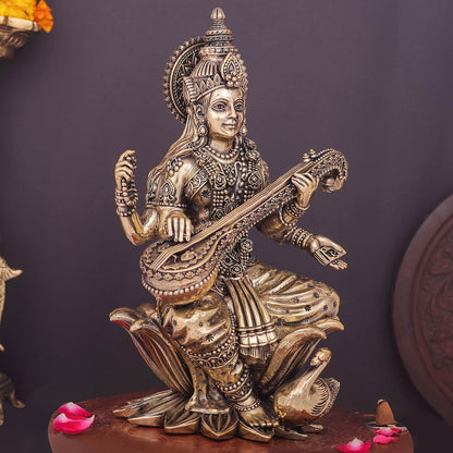 Brass Superfine Goddess Saraswati Idol Seated on Lotus 10 Inch by vendor-unknown - Hindu Gods (View 4)
