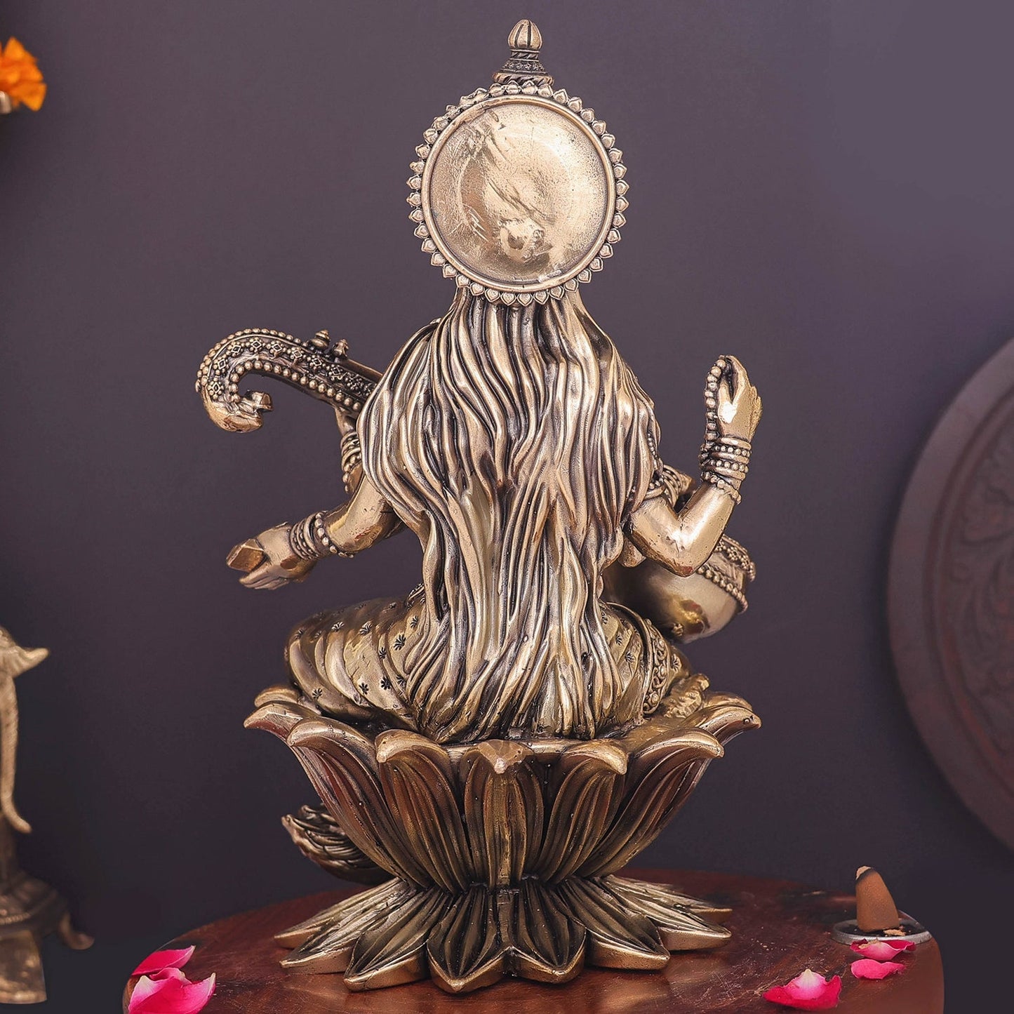 Brass Superfine Goddess Saraswati Idol Seated on Lotus 10 Inch