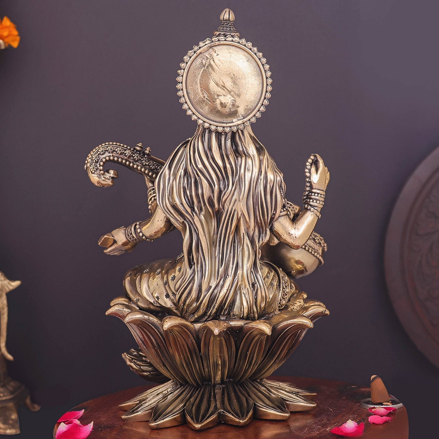 Brass Superfine Goddess Saraswati Idol Seated on Lotus 10 Inch - Image 6