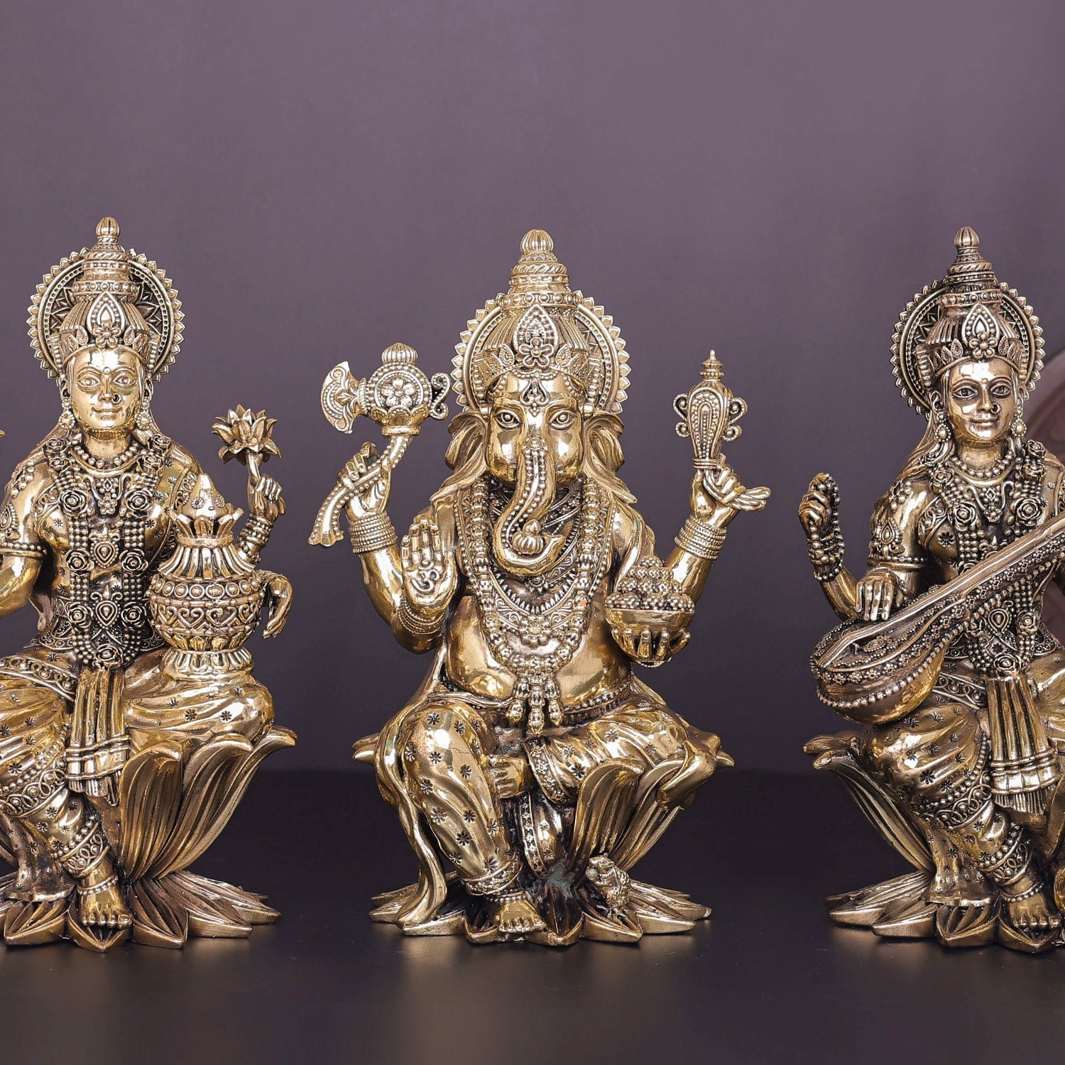 Brass Superfine Ganesha Lakshmi Saraswati Idol Sitting On Lotus 10 Inch - Image 2
