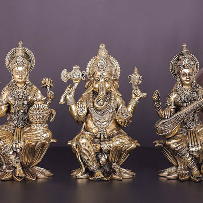 Brass Superfine Ganesha Lakshmi Saraswati Idol Sitting On Lotus 10 Inch by vendor-unknown - Hindu Gods (View 2)