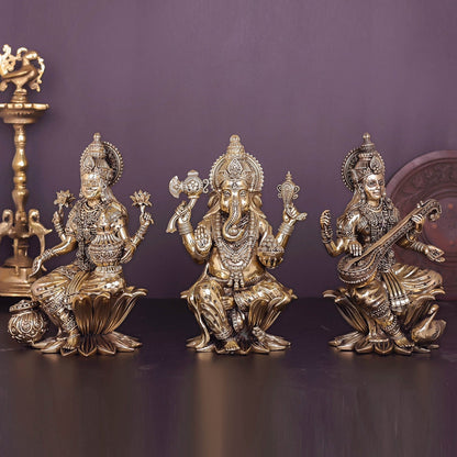 Brass Superfine Ganesha Lakshmi Saraswati Idol Sitting On Lotus 10 Inch by vendor-unknown - Hindu Gods (View 4)