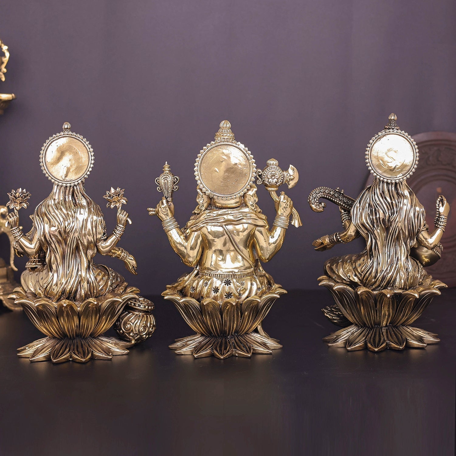 Brass Superfine Ganesha Lakshmi Saraswati Idol Sitting On Lotus 10 Inch - Image 5