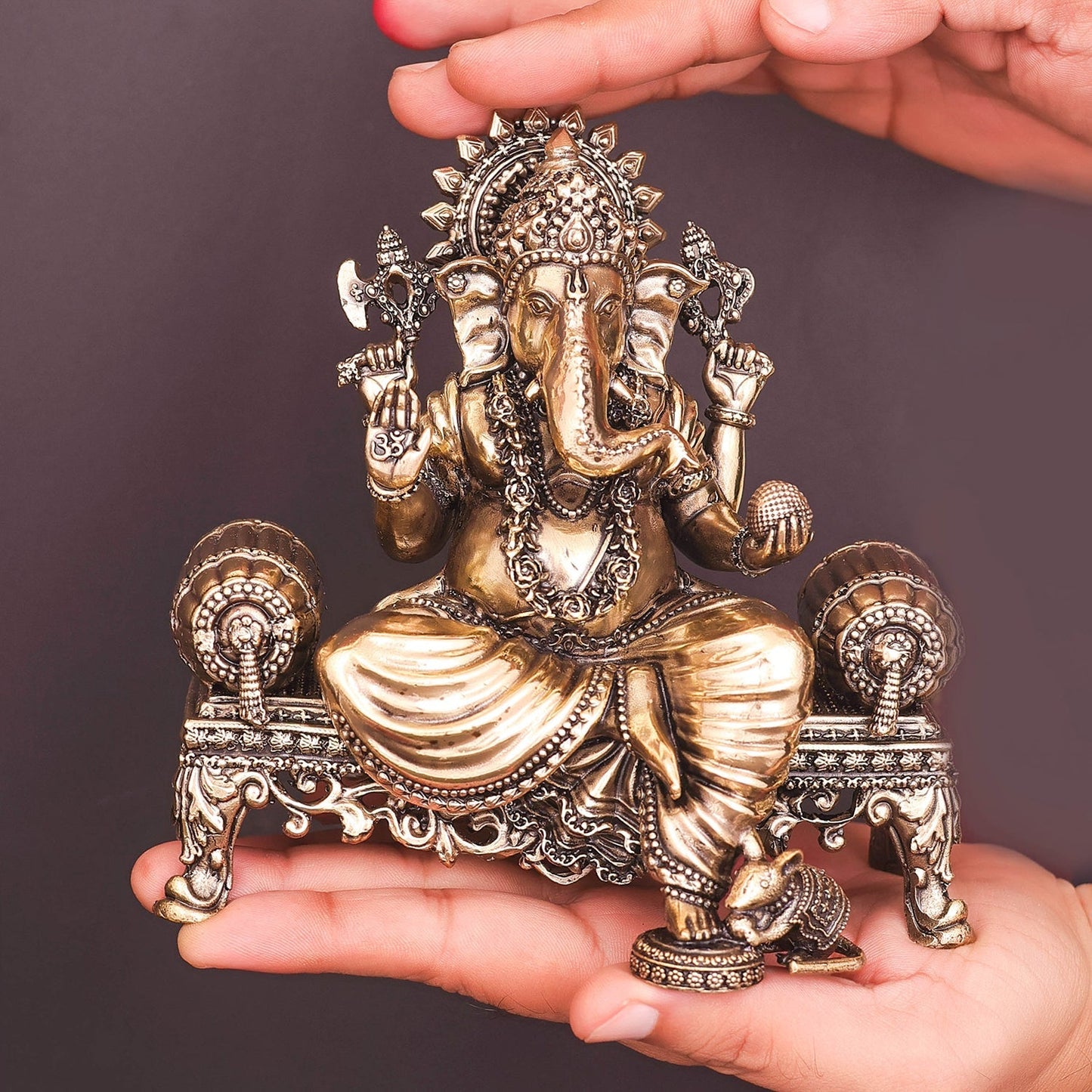 Brass Superfine Ganesha Idol Seated on Singhasan 6 Inch