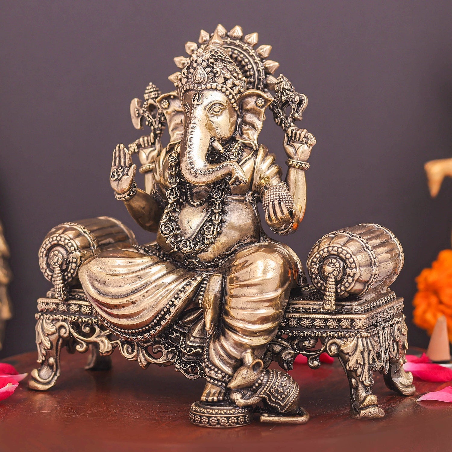 Brass Superfine Ganesha Idol Seated on Singhasan 6 Inch - Image 4