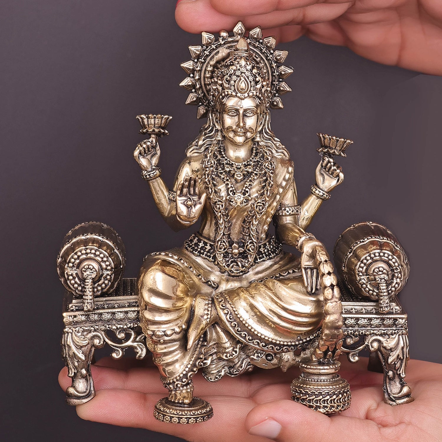 Brass Superfine Goddess Lakshmi Idol Seated on Singhasan 6 Inch - Image 3