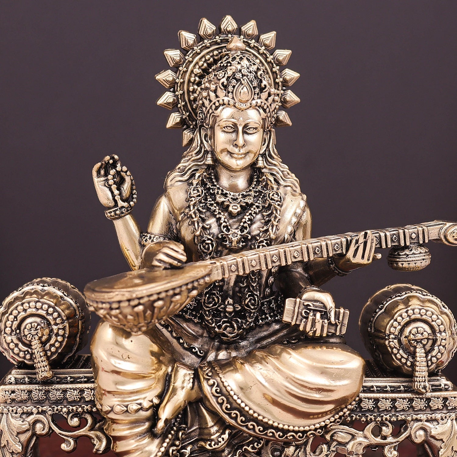 Brass Superfine Goddess Saraswati Idol Seated on Singhasan 6 Inch - Image 2