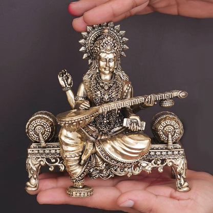 Brass Superfine Goddess Saraswati Idol Seated on Singhasan 6 Inch by vendor-unknown - Hindu Gods (View 3)