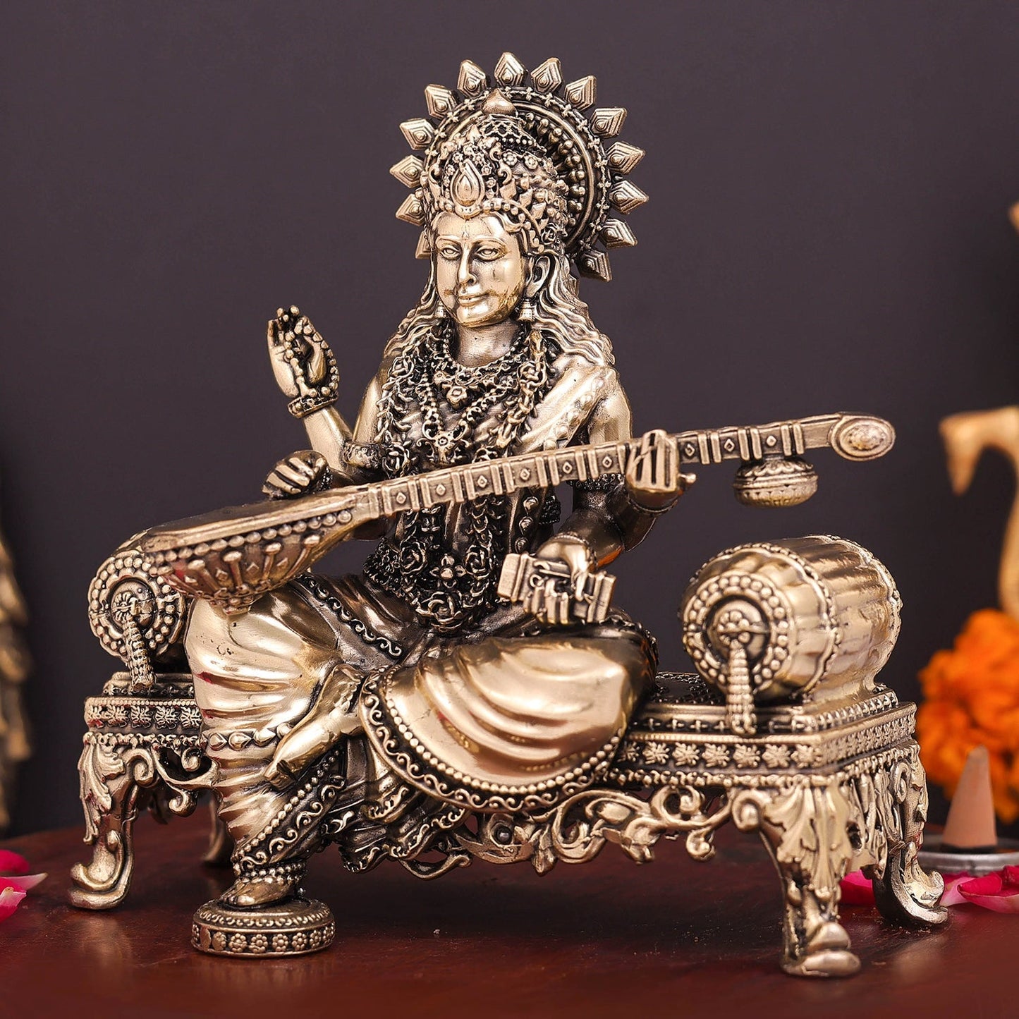 Brass Superfine Goddess Saraswati Idol Seated on Singhasan 6 Inch