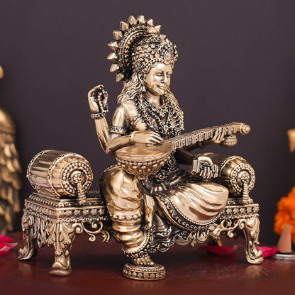 Brass Superfine Goddess Saraswati Idol Seated on Singhasan 6 Inch by vendor-unknown - Hindu Gods (View 5)
