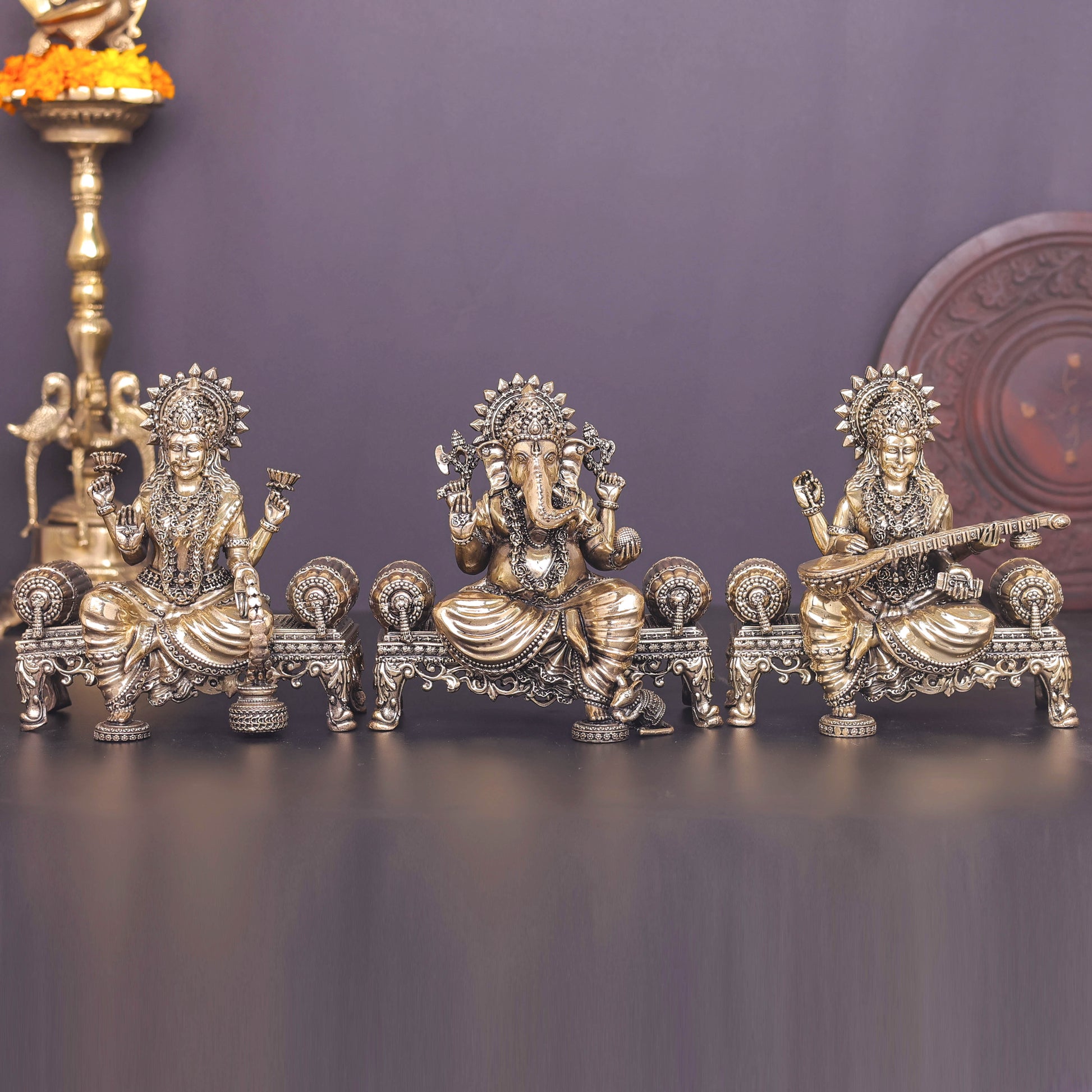 Brass Superfine Ganesha Lakshmi Saraswati Idol 6 Inch - Image 3