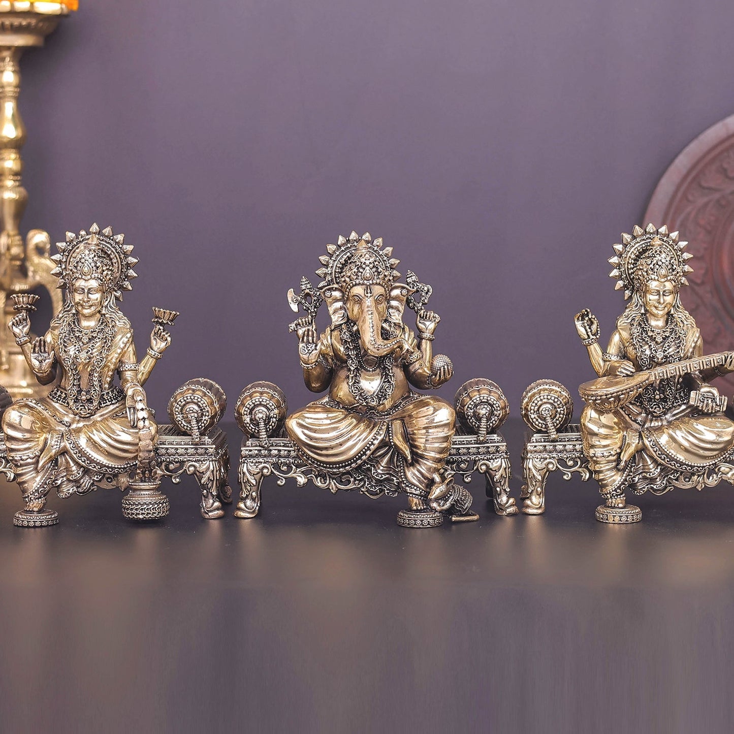 Brass Superfine Ganesha Lakshmi Saraswati Idol 6 Inch