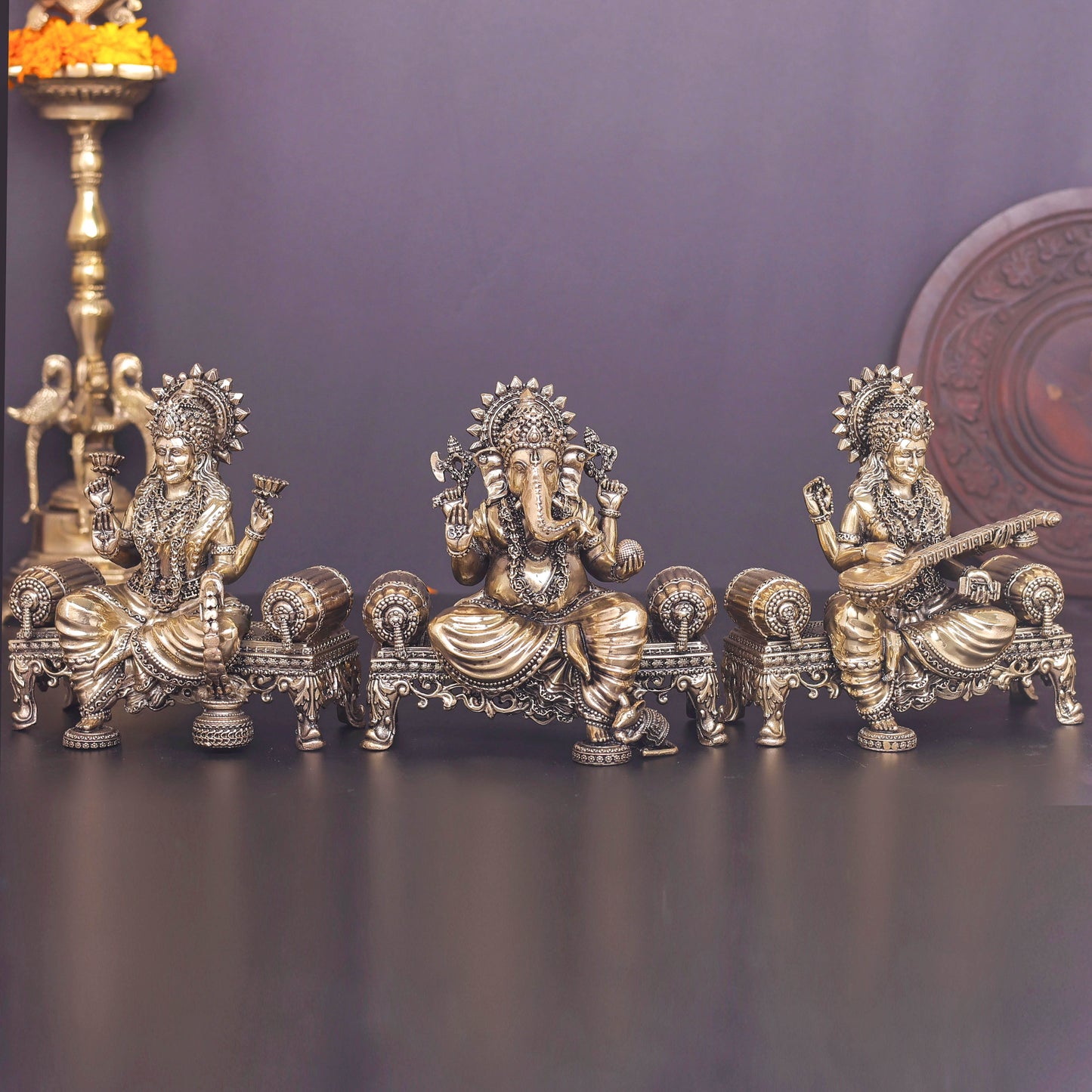 Brass Superfine Ganesha Lakshmi Saraswati Idol 6 Inch