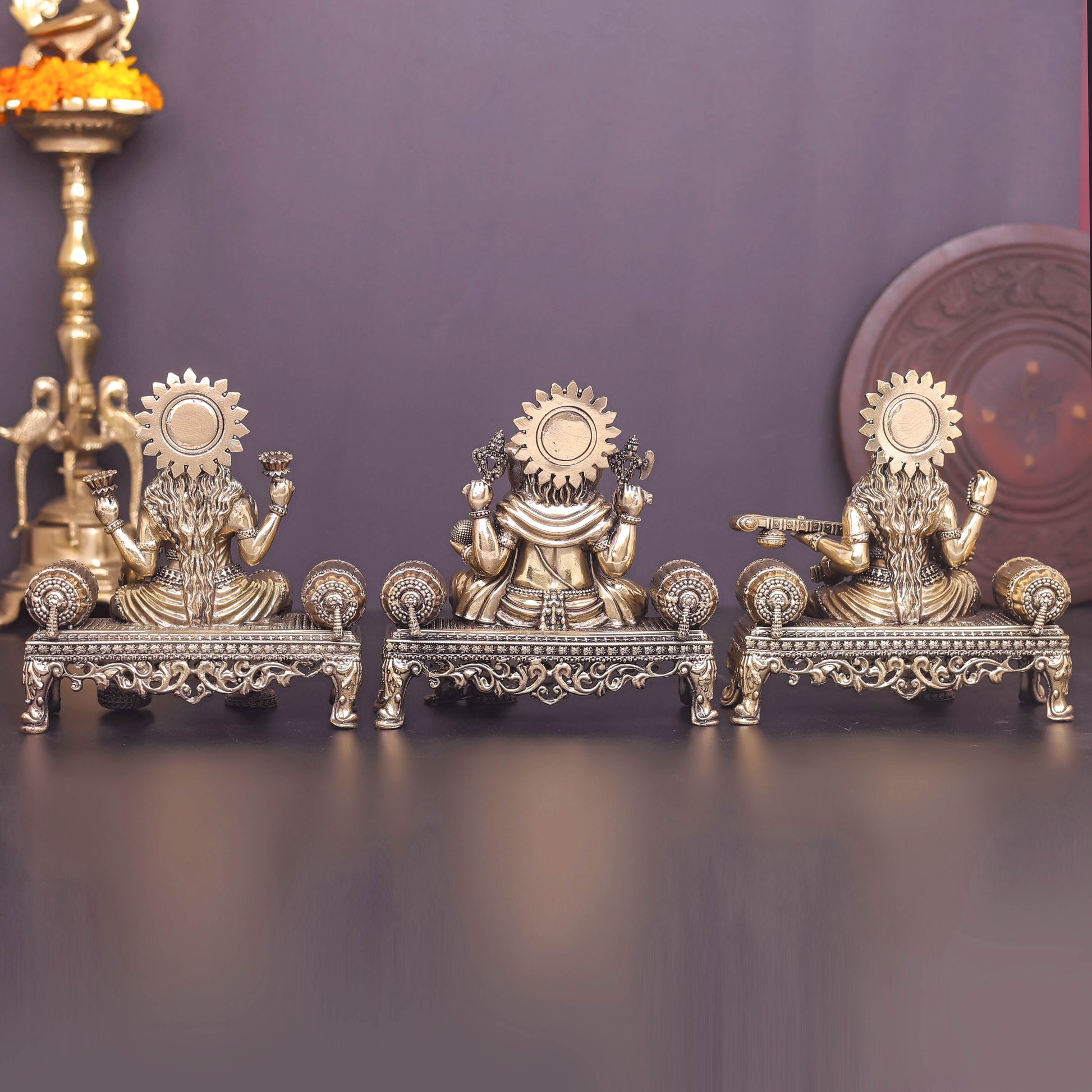 Brass Superfine Ganesha Lakshmi Saraswati Idol 6 Inch - Image 5