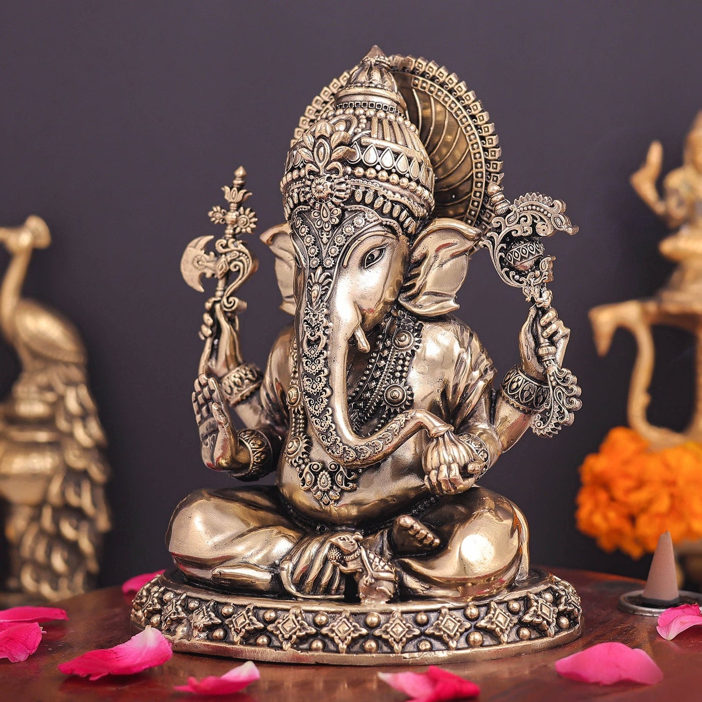 Brass Superfine Ganesha Idol Intricately Crafted 6.5 Inch