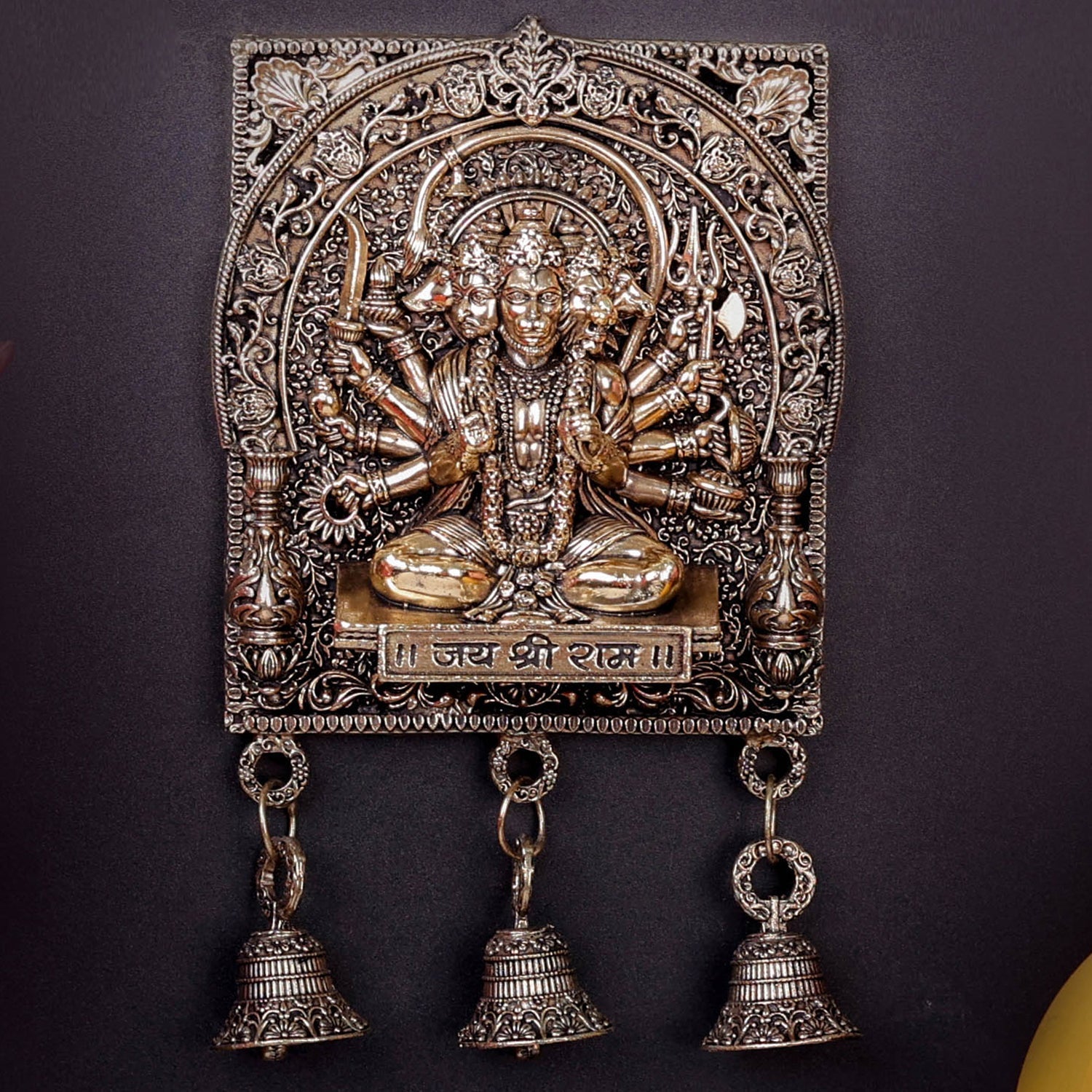 Brass Superfine Panchamukhi Hanuman Wall Hanging with Bells 7 Inch - Image 2